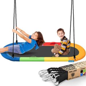 imageSereneLife 67quot Oval Saucer Swing  Giant Outdoor Swing Set with Universal Hanging Kit Swinging Seat Spinner with Carry Bag Weatherproof WaterResistant Supports Up to 700 lbs BlackRainbow