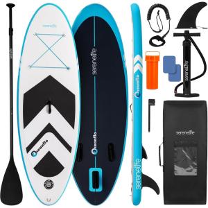 imageSereneLife 79quot Kids Inflatable Stand Up Paddle Board  SUP for Youth with SingleAction Pump Adjustable Paddle ampamp Backpack  30 Wide Stable Design with NonSlip EVA Deck Pad Ages 5 200lb CapacityBlue