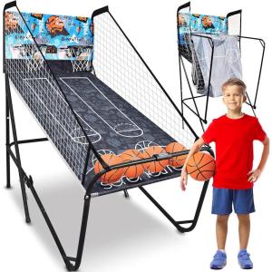 imageSereneLife Dual Hoop Basketball Shootout Indoor Home Arcade Room Game with Electronic LED Double Basketball Shot Scoreboard ampamp Play Timer Foldup Court Shooting Sports for KidsampampAdults PlayerDual Shot