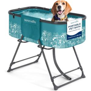 imageSereneLife Foldable Dog Bath Tub with Adjustable Height 360 Access Drain Hose ampamp Storage Pockets  130 lb Capacity Grooming Station for IndoorOutdoor Use BeigeBlue