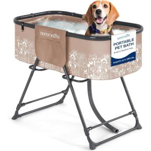 imageSereneLife Foldable Dog Bath Tub with Adjustable Height 360 Access Drain Hose ampamp Storage Pockets  130 lb Capacity Grooming Station for IndoorOutdoor Use BeigeBeige