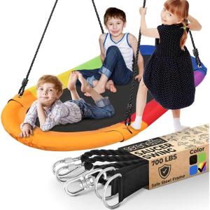 imageSereneLife Giant Platform Swing 67 Glider Kids Outdoor Backyard Tree Playhouse Playground Saucer Swing Set Mega Swinging Surfer Mat Swingset wRope Straps Cushion Padded Frame One Size RainbowRainbow  Hang Kit