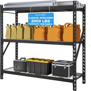 imageSereneLife Heavy Duty 3Tier Metal Garage Shelving  24quot x 77quot x 72quot Extra Wide Adjustable Storage Utility  Freestanding Bulk Storage Rack  Open Wire Mesh Design  2000 lbs Capacity