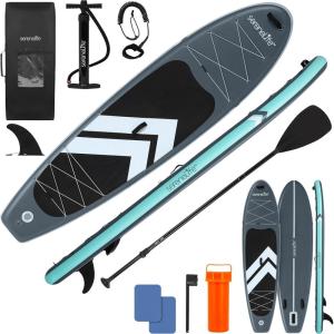 imageSereneLife Inflatable 106 Stand Up Paddle Board with 33 Wide Stable Platform  NonSlip EVA Deck 3Piece Aluminum Paddle Safety Leash Removable Fins ampamp Carry Backpack 350 lbs Capacity