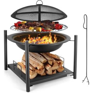 imageSereneLife Portable Outdoor Fire Pit  2in1 Steel BBQ Grill and 26quot Wood Burning Fire Pit Bowl with Mesh Spark Screen Log Grate Fire Poker and Cover for Camping Picnic BonfiresRound