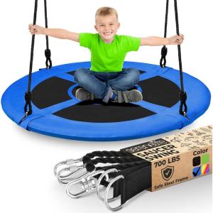 imageSereneLife Saucer Swing with Tree Hang Kit 40 Outdoor Tree Swing 2 Adjustable Hanging Rope Straps and Center Swivel Spinner for Kids BlackBlue