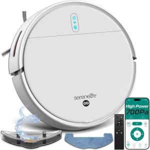 imageSmart Robot Vacuum and Mop Combo App Control 3 Cleaning Modes AntiFall Sensors MultiSurface Cleaning SelfCharging 700Pa Suction Ideal for Pet Hair Soft and Hard Floors BlackWhite