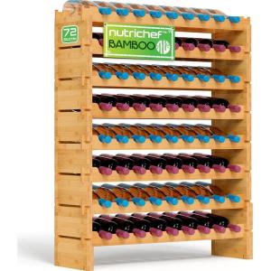 imageNutriChef Bamboo Stackable Wine Rack 8Tier 72 Bottle Capacity Wine Racks Free Standing Floor No Tools Assembly Modular Storage Display Shelf for Kitchen and Cellar 335quot x 10quot x 42quotB 72 Bottle