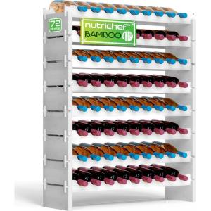 imageNutriChef Bamboo Stackable Wine Rack 8Tier 72 Bottle Capacity Wine Racks Free Standing Floor No Tools Assembly Modular Storage Display Shelf for Kitchen and Cellar 335quot x 10quot x 42quotD 72 Bottle  White