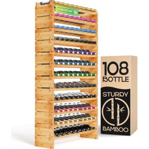 imageNutriChef Bamboo Stackable Wine Rack 8Tier 72 Bottle Capacity Wine Racks Free Standing Floor No Tools Assembly Modular Storage Display Shelf for Kitchen and Cellar 335quot x 10quot x 42quotE 108 Bottle