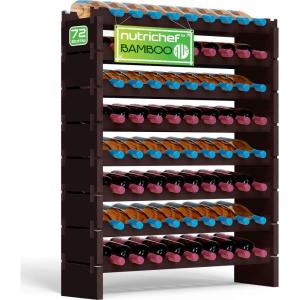 imageNutriChef Bamboo Stackable Wine Rack 8Tier 72 Bottle Capacity Wine Racks Free Standing Floor No Tools Assembly Modular Storage Display Shelf for Kitchen and Cellar 335quot x 10quot x 42quotC 72 Bottle  Black