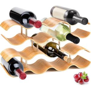 imageSereneLife Bamboo Wine Rack  4 Tier Countertop Shelf with Slots That Holds 14 Bottles Unique Stackable Wooden Holder Save Space for Cabinet Kitchen and Pantry Modern Contemporary Wave Design