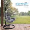 imageSereneLife Hanging Egg Chair for Outdoor ampamp Indoor Use  Wicker Rattan Swing Chair with Cushions PowderCoated Steel Frame Washable UVResistant Cover Gray Modern Patio Hammock SeatGrey