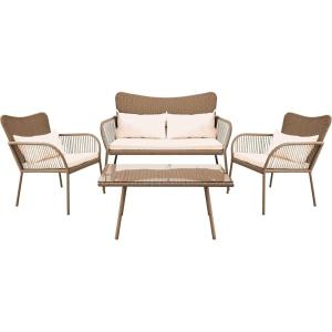 image4 Piece ConversationChat Set Outdoor Living Rattan Furniture Includes 1 Double ampamp 2 Single Chairs with Cushion ampamp 1 Glasstop Coffee Table Beige
