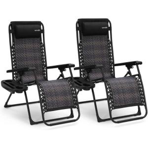 imageSereneLife 2Pack Rattan Zero Gravity Chairs  Adjustable Recliners with Side Table Cup Holders ampamp Pillow Foldable Outdoor Lounge Set for Patio Lawn or Deck  265 lbs Capacity BrownJet Black