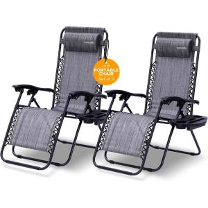 imageSereneLife 2Pack Rattan Zero Gravity Chairs  Adjustable Recliners with Side Table Cup Holders ampamp Pillow Foldable Outdoor Lounge Set for Patio Lawn or Deck  265 lbs Capacity BrownCharcoal