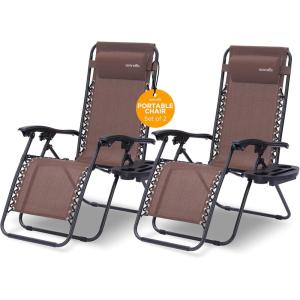 imageSereneLife 2Pack Rattan Zero Gravity Chairs  Adjustable Recliners with Side Table Cup Holders ampamp Pillow Foldable Outdoor Lounge Set for Patio Lawn or Deck  265 lbs Capacity BrownDark Brown