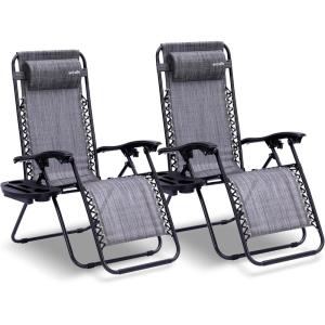 imageSereneLife 2Pack Rattan Zero Gravity Chairs  Adjustable Recliners with Side Table Cup Holders ampamp Pillow Foldable Outdoor Lounge Set for Patio Lawn or Deck  265 lbs Capacity BrownGrey