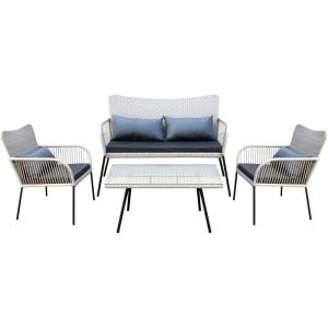 imageSereneLife 4 Piece ConversationChat Set Outdoor Living Rattan Furniture Includes 1 Double ampamp 2 Single Chairs with Cushion ampamp 1 Glasstop Coffee Table Light GreyGrey