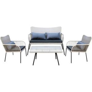 imageSereneLife 4 Piece ConversationChat Set Outdoor Living Rattan Furniture Includes 1 Double ampamp 2 Single Chairs with Cushion ampamp 1 Glasstop Coffee Table Light GreyLight Grey