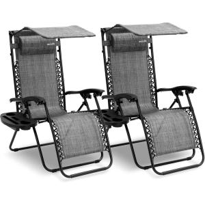 imageSereneLife Zero Gravity Chairs Set of 2 Adjustable Outdoor Lounge Chairs with Canopy Shade Side Tray Cup Holders Removable Pillows Folding Portable Camping Chairs for Patio Backyard BeachCreamGrey