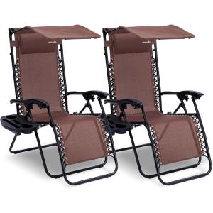 imageSereneLife Zero Gravity Chairs Set of 2 Adjustable Outdoor Lounge Chairs with Canopy Shade Side Tray Cup Holders Removable Pillows Folding Portable Camping Chairs for Patio Backyard BeachCreamBrown