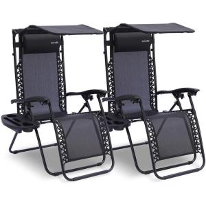 imageSereneLife Zero Gravity Chairs Set of 2 Adjustable Outdoor Lounge Chairs with Canopy Shade Side Tray Cup Holders Removable Pillows Folding Portable Camping Chairs for Patio Backyard BeachCreamBlack