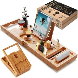 imageSereneLife Bamboo Bath Caddy with Fold and Lock Design  30 to 43 Expandable Bathtub Tray Easy Storage Folding Hinges