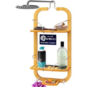 imageSereneLife Bamboo Hanging Shower Caddy with 3 Tiers AntiSlip Design Bathroom Storage Organizer for Shampoo Soaps and Essentials  SpaceSaving and Easy to Clean