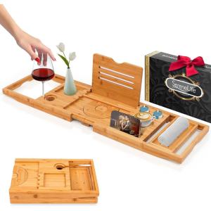 imageSereneLife Luxury Bamboo Bathtub Caddy Tray  Adjustable Natural Wood Bath Tub Organizer with Wine Holder Cup Placement Soap Dish Book Space ampamp Phone Slot for Spa Bathroom ampamp Shower SLBCAD203 Folding  Hard Back  Gift Set