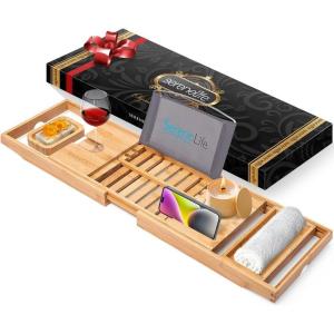 imageSereneLife Luxury Bamboo Bathtub Caddy Tray  Adjustable Natural Wood Bath Tub Organizer with Wine Holder Cup Placement Soap Dish Book Space ampamp Phone Slot for Spa Bathroom ampamp Shower SLBCAD207 Legacy  Soft Back  Gift Set