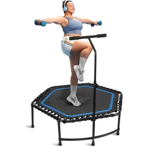 imageSereneLife 40quot48quot Foldable Mini Trampoline for Adults  Compact Fitness Rebounder with Reinforced Bungees ampamp Adjustable Safety Handle  Stable ampamp Quiet IndoorOutdoor Exercise Equipment 264 lbs Load48 IN  Hexagon