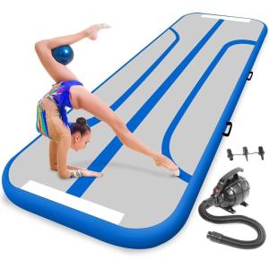 imageSereneLife Gymnastics Inflatable Air Tumbling Floor Mat Floating Water Mat 10FT 4in Thickness for OutdoorHome Indoor Use Tumbling Training Cheerleading Yoga Water with Electric Air PumpBlue