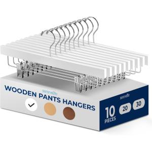 imageSereneLife 30 Pack Wooden Pants Hangers with Clips  White 14quotx05quotx67quot Heavy Duty Wood Skirt Hangers with 360 Swivel Hook ampamp Adjustable NonSlip Clips for Jeans Slacks ShortsWhite