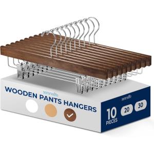 imageSereneLife 30 Pack Wooden Pants Hangers with Clips  White 14quotx05quotx67quot Heavy Duty Wood Skirt Hangers with 360 Swivel Hook ampamp Adjustable NonSlip Clips for Jeans Slacks ShortsBrown
