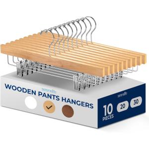 imageSereneLife 30 Pack Wooden Pants Hangers with Clips  White 14quotx05quotx67quot Heavy Duty Wood Skirt Hangers with 360 Swivel Hook ampamp Adjustable NonSlip Clips for Jeans Slacks ShortsNatural Wood