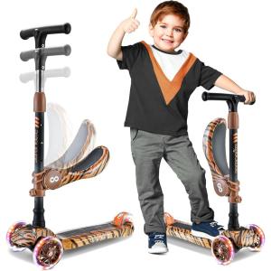 imageSereneLife 3 Wheeled Scooter for Kids  2in1 SitStand Child Toddlers Toy Kick Scooters w FlipOut Seat Adjustable Height Wide Deck Flashing Wheel Lights Great for Outdoor Fun  SLKSTIG Tiger