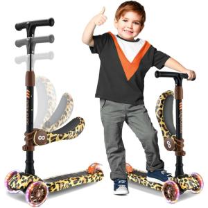 imageSereneLife 3 Wheeled Scooter for Kids  2in1 SitStand Child Toddlers Toy Kick Scooters w FlipOut Seat Adjustable Height Wide Deck Flashing Wheel Lights for Outdoor Fun  SLKSLP5 Leopard