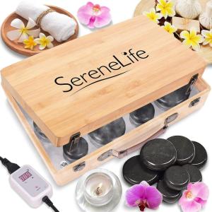 imageSereneLife Hot Stones Massage Kit with Warmer Warm Round Basalt Stone Massaging Set with Portable Heater 12 LargeSmall Rocks Digital Controller For Professional and Home Spa TherapyNatural 12pc