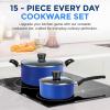 imageSereneLife 15Pc Blue Cookware Set  NonStick HeatResistant Pots ampamp Pans with Lids Dishwasher Safe Includes Matching UtensilsBlue