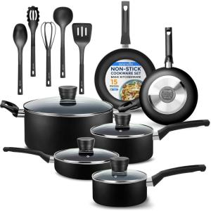 imageSereneLife 15Pc Blue Cookware Set  NonStick HeatResistant Pots ampamp Pans with Lids Dishwasher Safe Includes Matching UtensilsBlack