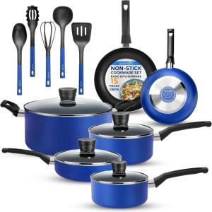 imageSereneLife 15Pc Blue Cookware Set  NonStick HeatResistant Pots ampamp Pans with Lids Dishwasher Safe Includes Matching UtensilsBlue