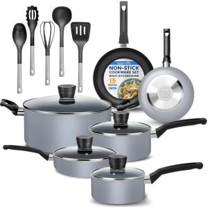 imageSereneLife 15Pc Blue Cookware Set  NonStick HeatResistant Pots ampamp Pans with Lids Dishwasher Safe Includes Matching UtensilsGray