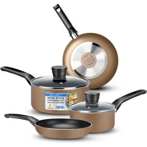 imageSereneLife 6Piece Pots and Pans Set  Nonstick Cookware Black Coating HeatResistant Dishwasher safe Includes Fry Pans Saucepans with Lids Color GrayGold