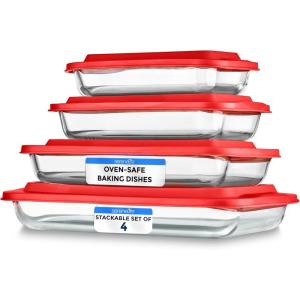 imageSereneLife 8Piece Glass Baking Dish with Lids Set   4 Heavy Duty Rectangular Glass Baking Pan with 4 BPAFree Lids  OvenSafe Bakeware for Lasagna Meats Desserts  Dishwasher Safe RedRed