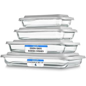 imageSereneLife 8Piece Glass Baking Dish with Lids Set   4 Heavy Duty Rectangular Glass Baking Pan with 4 BPAFree Lids  OvenSafe Bakeware for Lasagna Meats Desserts  Dishwasher Safe RedWhite