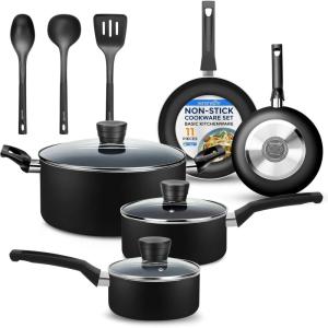 imageSereneLife Kitchenware Pots ampamp Pans Basic Kitchen Cookware Black NonStick Coating Inside Heat Resistant Lacquer 11Piece Set One Size BlackBlack