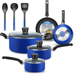 imageSereneLife Kitchenware Pots ampamp Pans Basic Kitchen Cookware Black NonStick Coating Inside Heat Resistant Lacquer 11Piece Set One Size BlackBlue