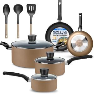 imageSereneLife Kitchenware Pots ampamp Pans Basic Kitchen Cookware Black NonStick Coating Inside Heat Resistant Lacquer 11Piece Set One Size BlackGold
