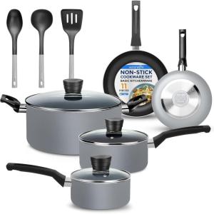 imageSereneLife Kitchenware Pots ampamp Pans Basic Kitchen Cookware Black NonStick Coating Inside Heat Resistant Lacquer 11Piece Set One Size BlackGray